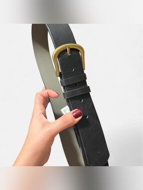 Classic Black Leather Belt with Brass Buckle